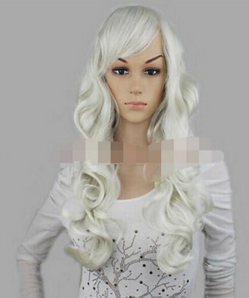 Cosplay Fashion Show Long Hair Women Lady Wavy Full Wigs White