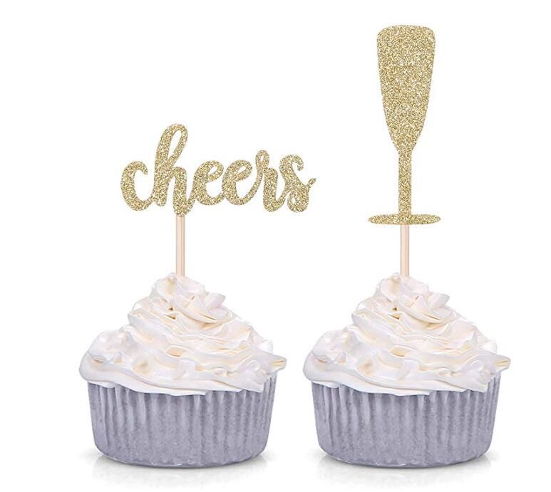 Gold Glitter Cheers And Champagne Glasses Cupcake Toppers For Baby