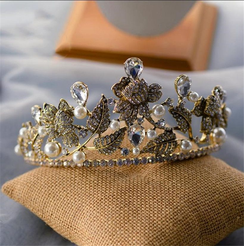 2022 Retro Wedding Bridal Black  Gold  Crown  Tiara  Crystal 