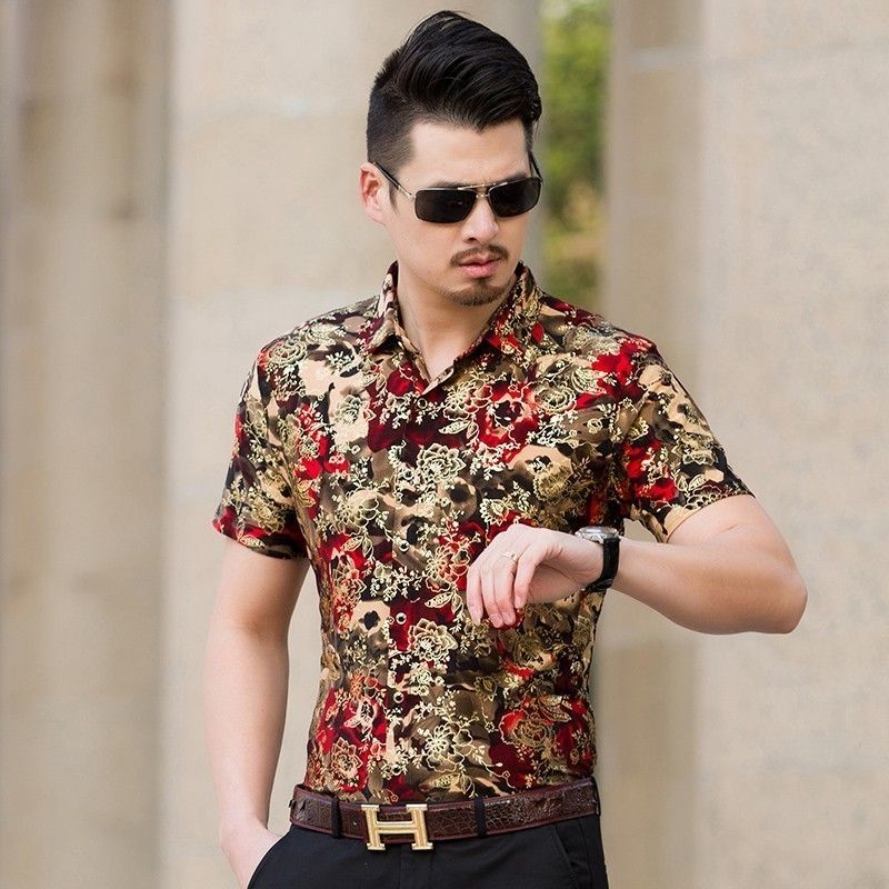 Mens Floral Printed Slim Fit Shirt Summer Golden Foil Short Sleeve Shirts Mens Floral Printed Slim Fit Shirt Summer Golden Foil Short Sleeve Shirts