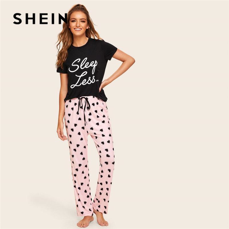 Compra Casual Shein Lema Imprimir Pantalones Tapa Y Lazo De La Cintura  Pijamas Del Corazón Para Las Mujeres De Primavera Y Verano Señora De Manga  Corta Pijama Conjunto Barato | Entrega Rápida