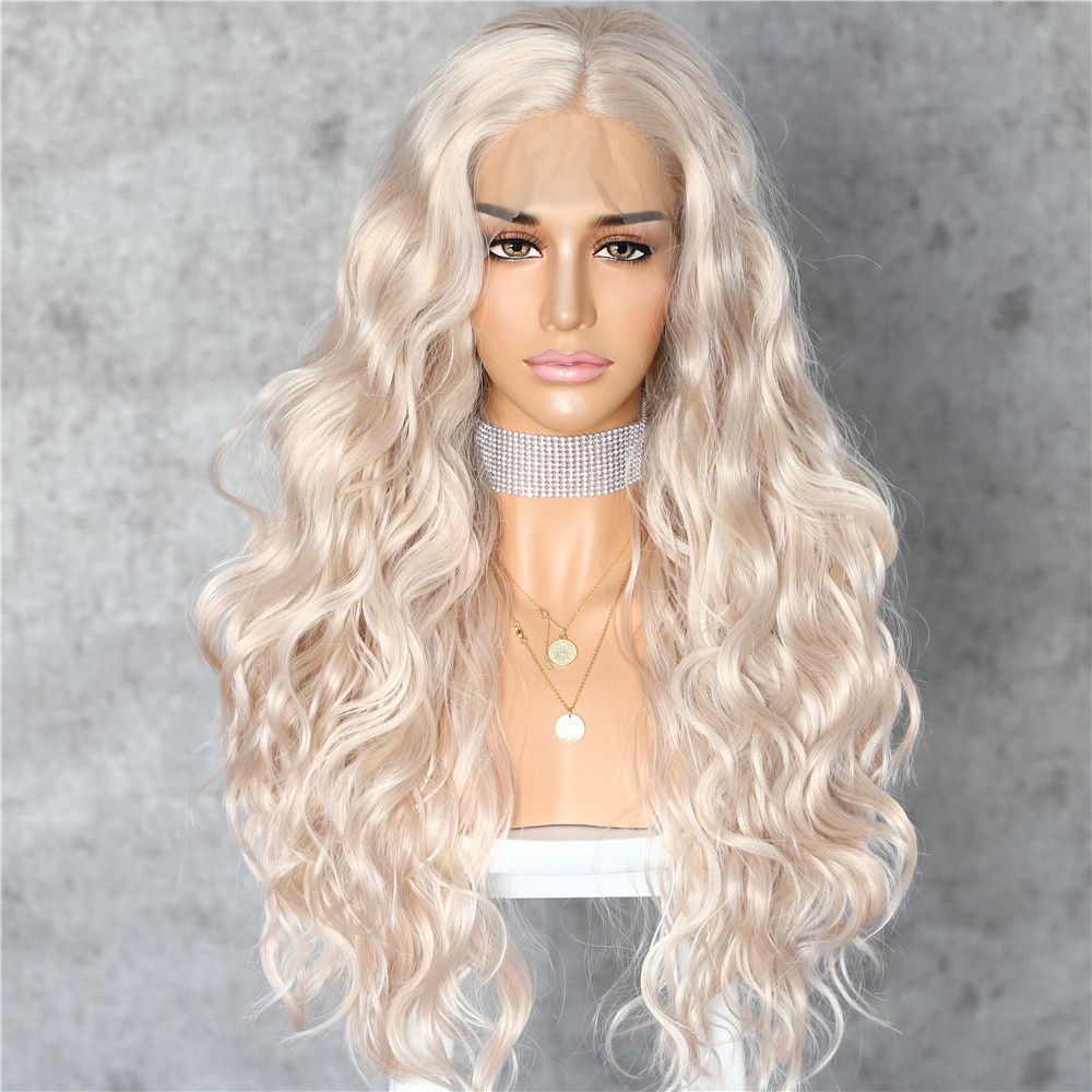 Fast Shipping Platinum Blonde Natural Curly Wave Heat Resistant Full Hair  Women Makeup Wedding Party Gift Synthetic Lace Front Daily Wigs
