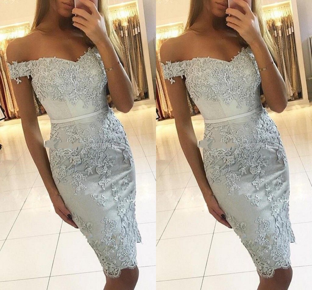Cheap Sliver Dresses Off Shoulder Lace Appliques Beaded Knee