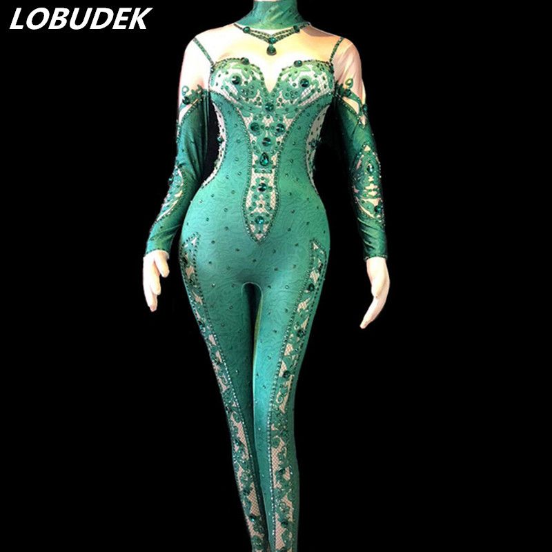 Bright Green Rhinestones Jumpsuit Stretch Leotard Rompers Bodysuit
