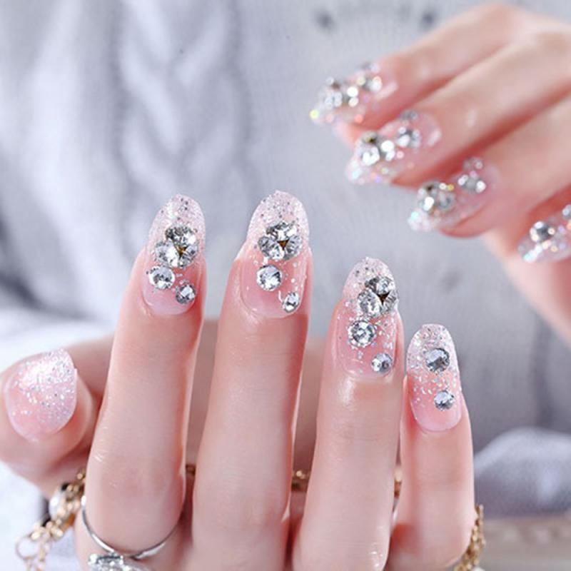 20pcs/set Fake Nail Decoration Powder Round Head Diamond Backed Fake Nails Bridal Nail Patch Nail Art Tips Manicure Tools