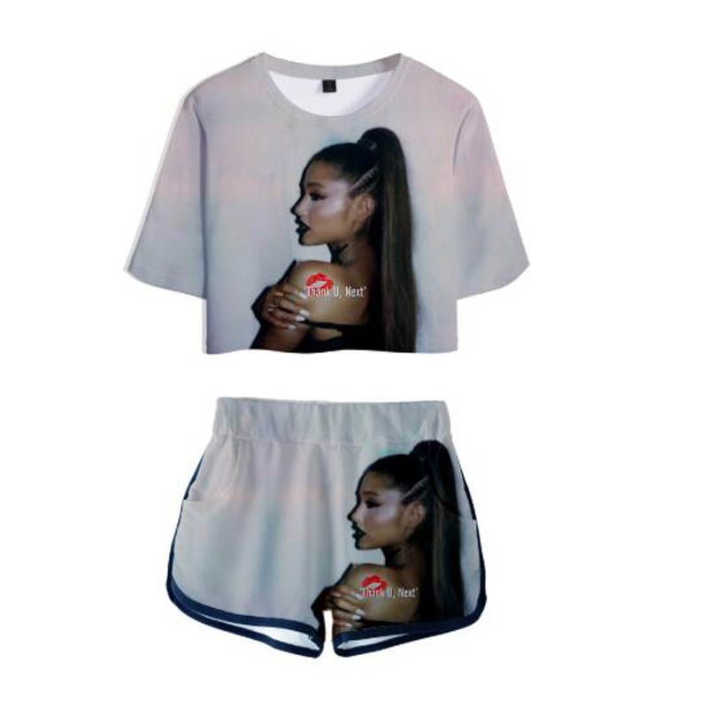 Kurzarm T-Shirt Shorts Damen Zweiteiligen Anzug Sommer Ariana Grande 3D Gedruckter Anzug Kurzes T-Shirt Taschenshorts Mit Elastischem Bund
