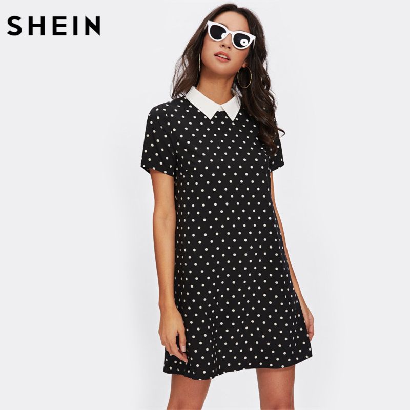 SHEIN Контрастный Воротник Горошек Прямое Платье Женские Черно-Белые С  Коротким Рукавом Повседневные Летние Женские Платья