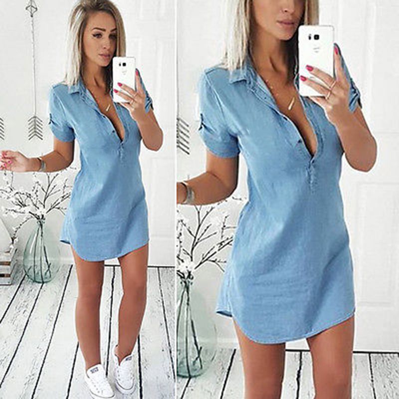 Compre 2019 Botão De Verão Camisa Das Senhoras Vestido De Moda De Nova Hetero Denim Mini Vestidos De Festa Sólidos Casual Prom Feminino Vestidos De Modleline, $166,12 | Pt.Dhgate.Com