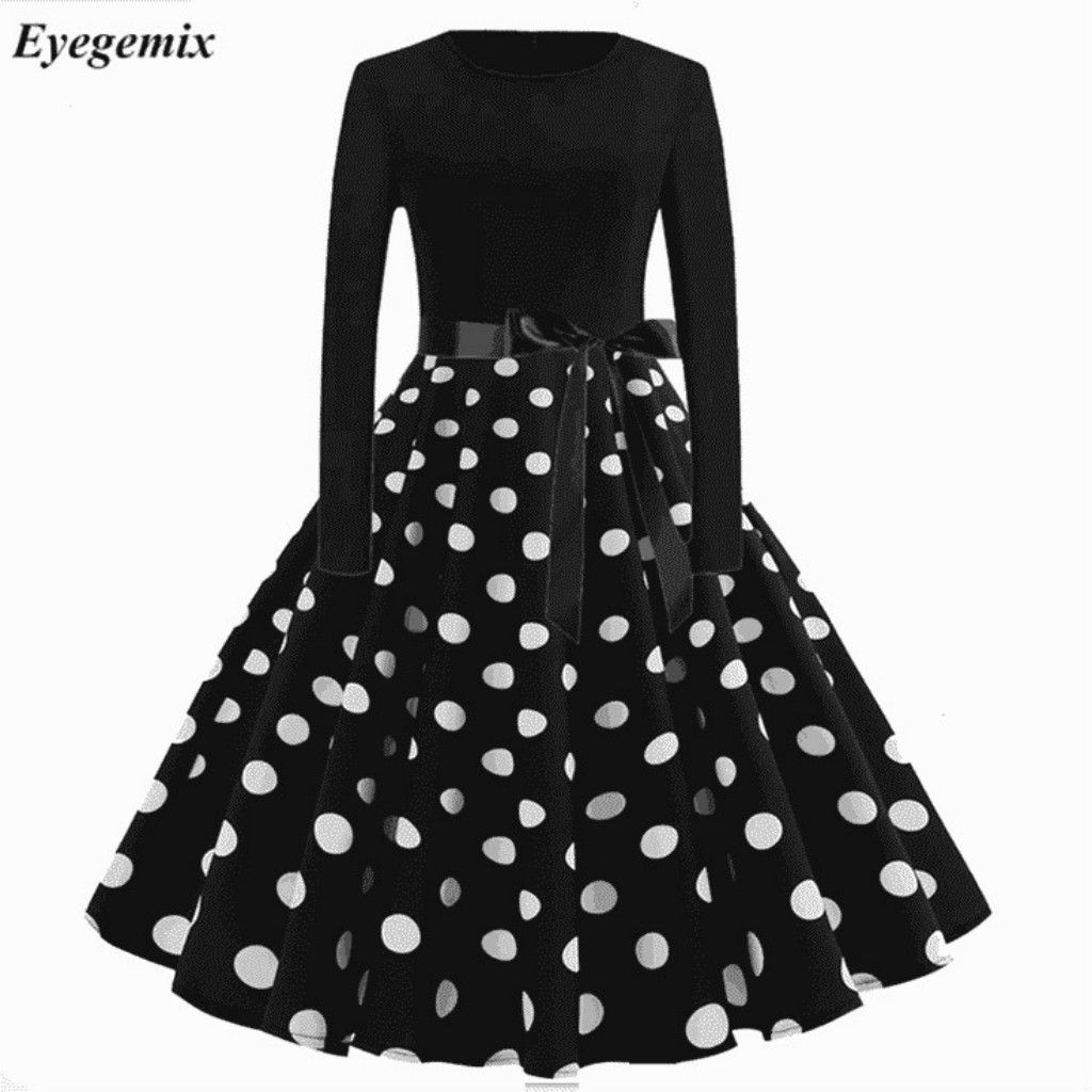 Fashion Winter Women Dress 50s 60s Vintage Long Sleeve O Neck Dot