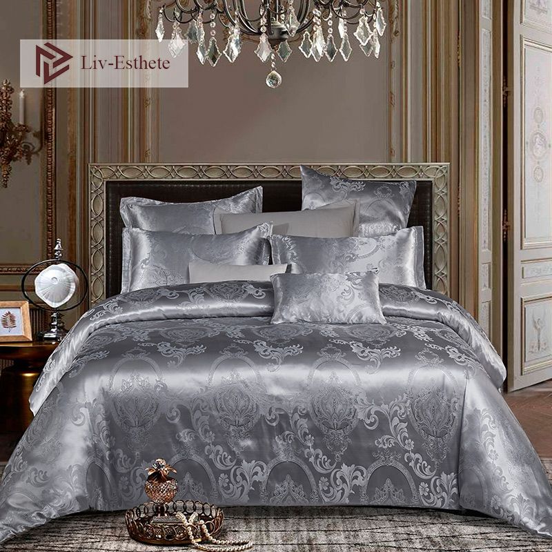 Liv Esthete Euro Jacquard Palace Luxury Bedding Set Gray Queen