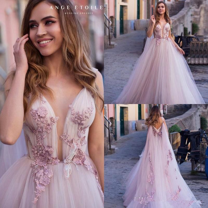 Blush Pink 2020 Wedding Dress Spaghetti Straps Lace