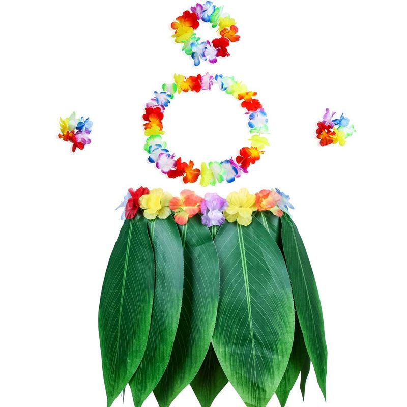 Elastic Ti Leaf Hula Skirt With Hibiscus Flower Leis Pack