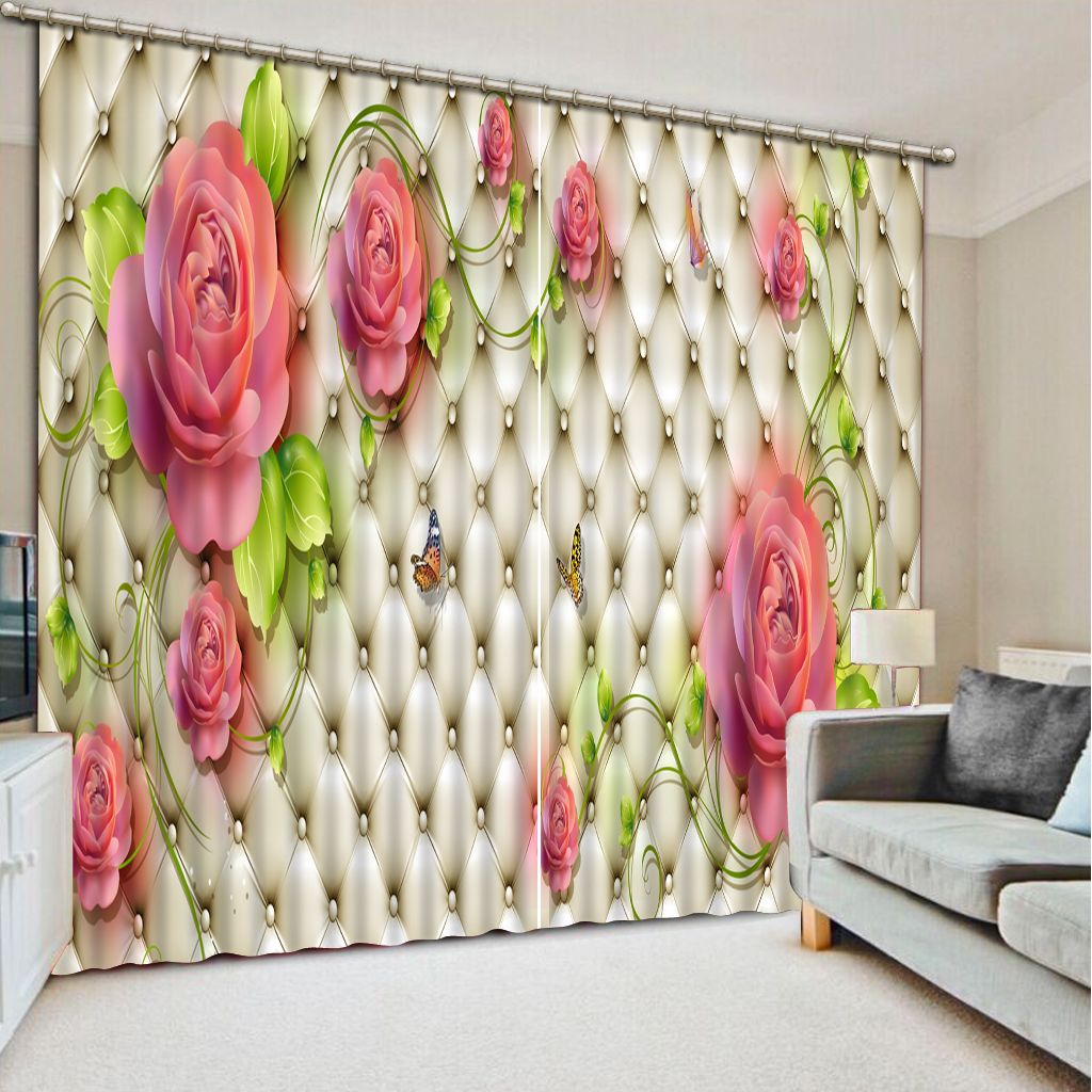 2019 Bright Red Flower 3d Painting Blackout Curtains Office Room