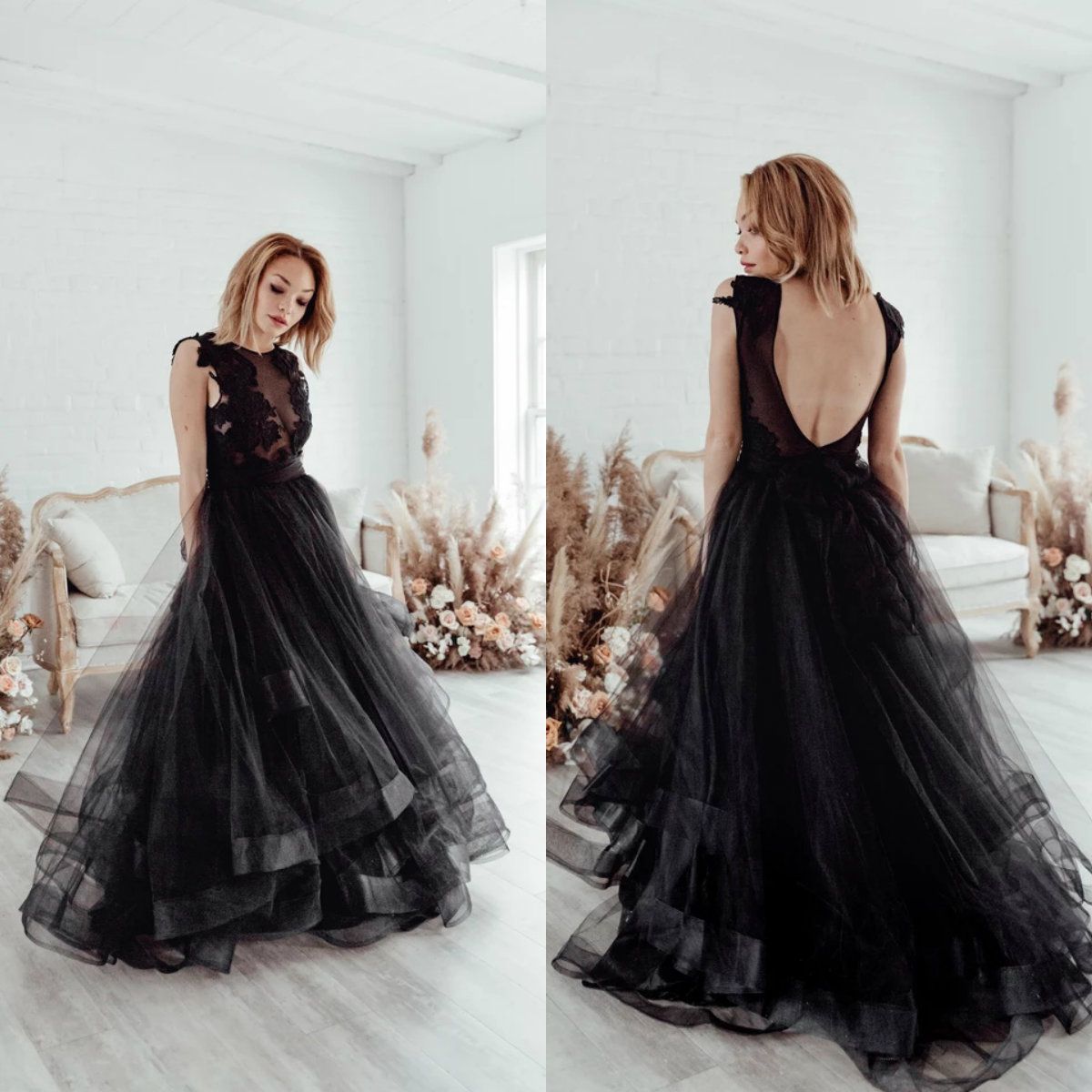 Discount 2020 Vintage Black Wedding Dresses Jewel Neck Lace Appliqued