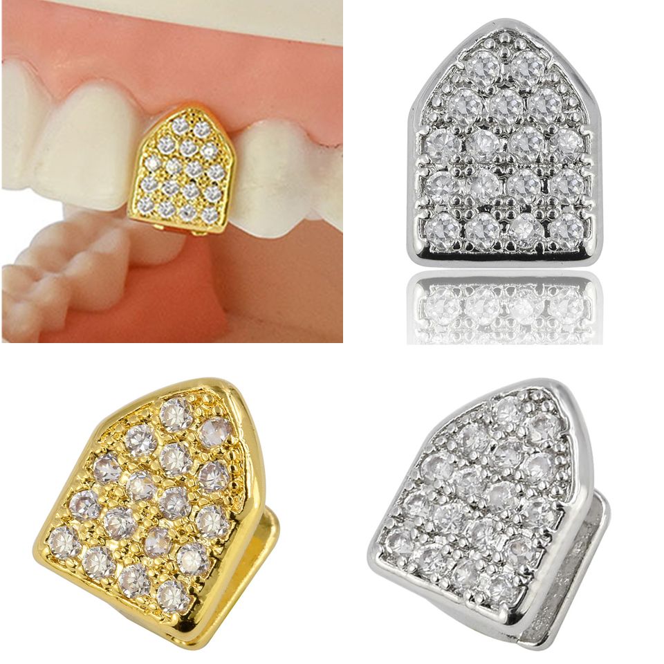 2020 18K Gold Plated Copper Teeth Braces Punk Hip Hop Diamond Single Teeth Grillz Dental Mouth