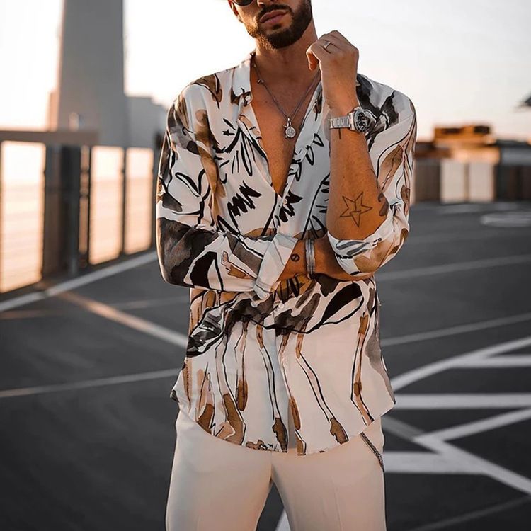 Mens Shirt Casual Long Sleeve Print 