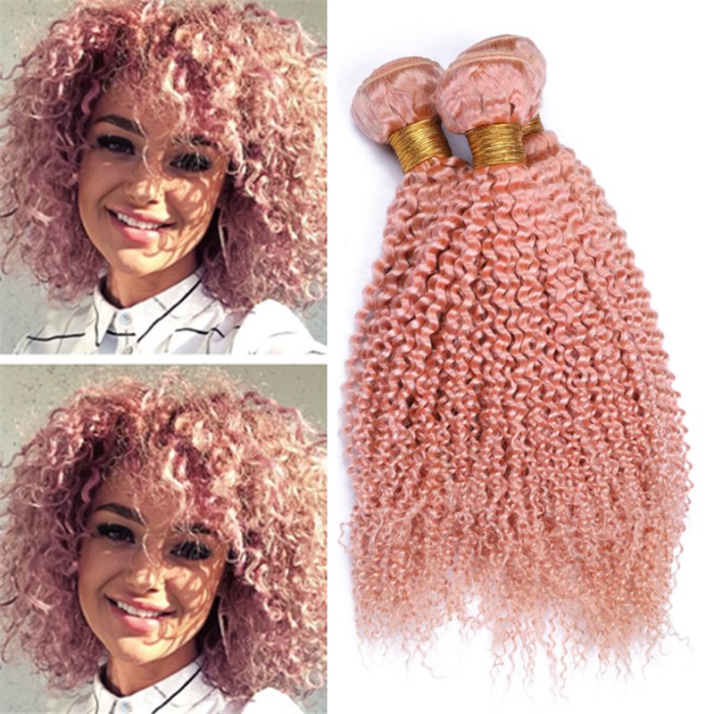 Pure Colored Light Pink Kinkys Curly Human Hair Bundles Deals 300g