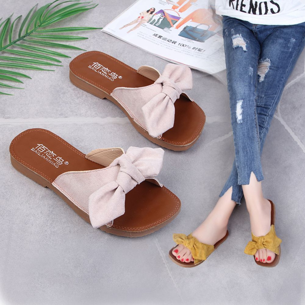 2019 New Women Sandals Bowknot Arch Support Slides Suede Shoes