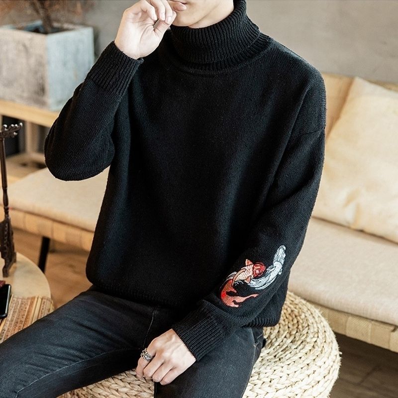Fish Embroidery Turtleneck Men Sweater 