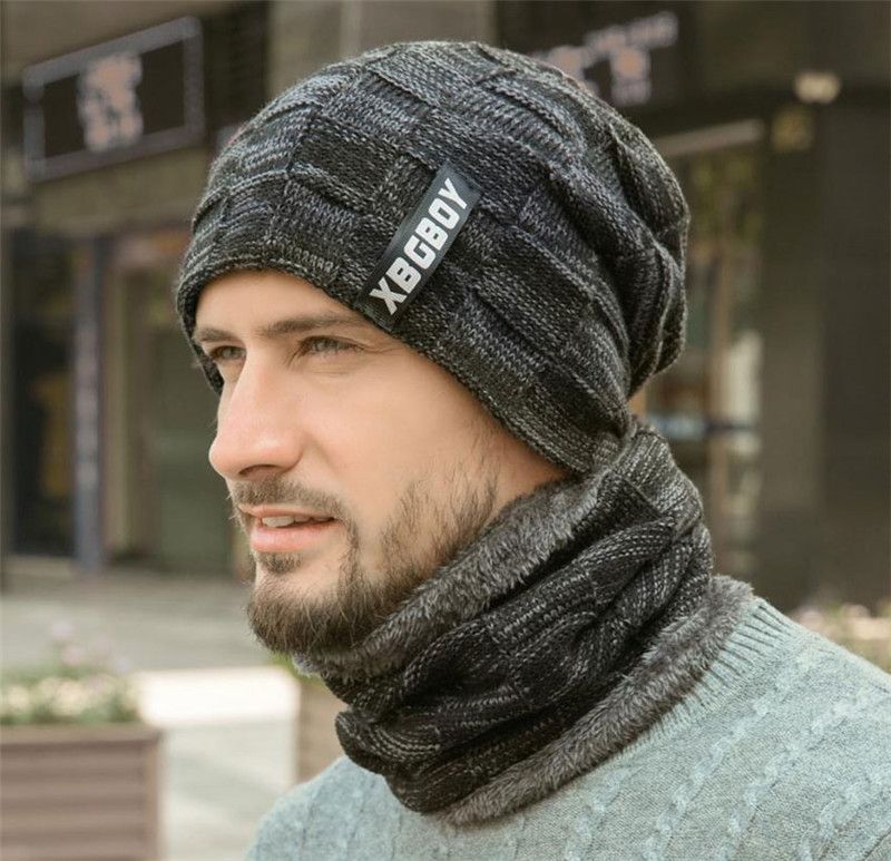 Two Pieces Winter Hat/&Scarf for Men Winter Beanies Scarves Male Winter s Thick Cotton Warm Winter Accessories@Gray