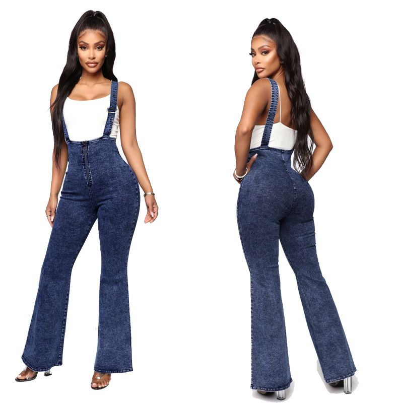 Compra Moda Para Mujer De Mezclilla Pantalones Elásticos Tirantes Para  Mujer De Cintura Alta Pantalones De Campana Cremallera De Los Pantalones  Vaqueros Bengala Denim Jeans Para La Hembra Barato | Entrega Rápida