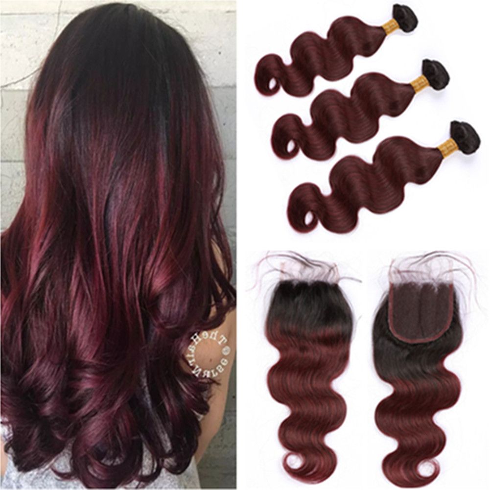 1b 99j Ombre Body Wave Peruvian Human Hair 3bundles With Closure
