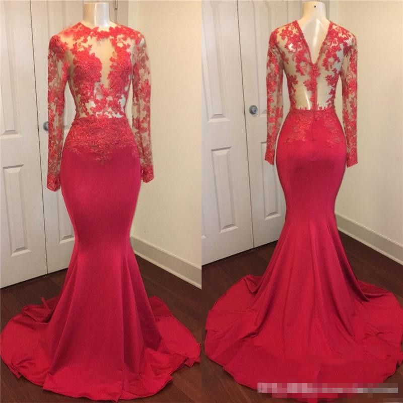 red long prom dresses 2019 mermaid long sleeves