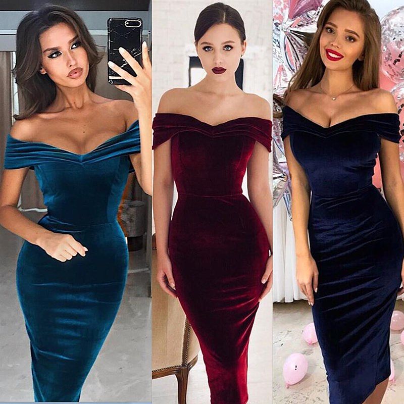 velvet off shoulder bodycon dress