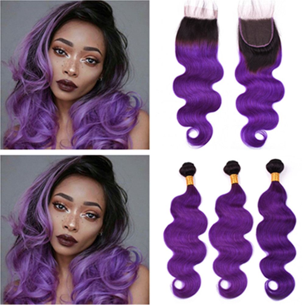 2020 #1B/Purple Ombre Peruvian Virgin Hair 3Bundles With Closure Body ...