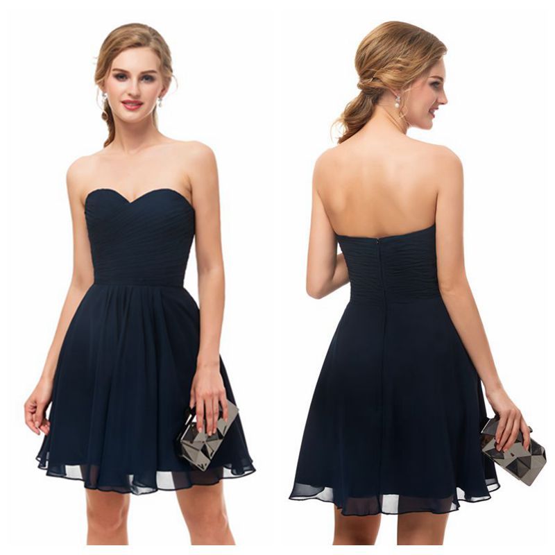 Sweetheart A Line Chiffon Navy Cocktail Dress Pleated Skirt Short Prom ...