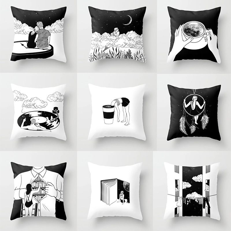 Caricature Portrait Pillow Case Short Pile Black White Pillow