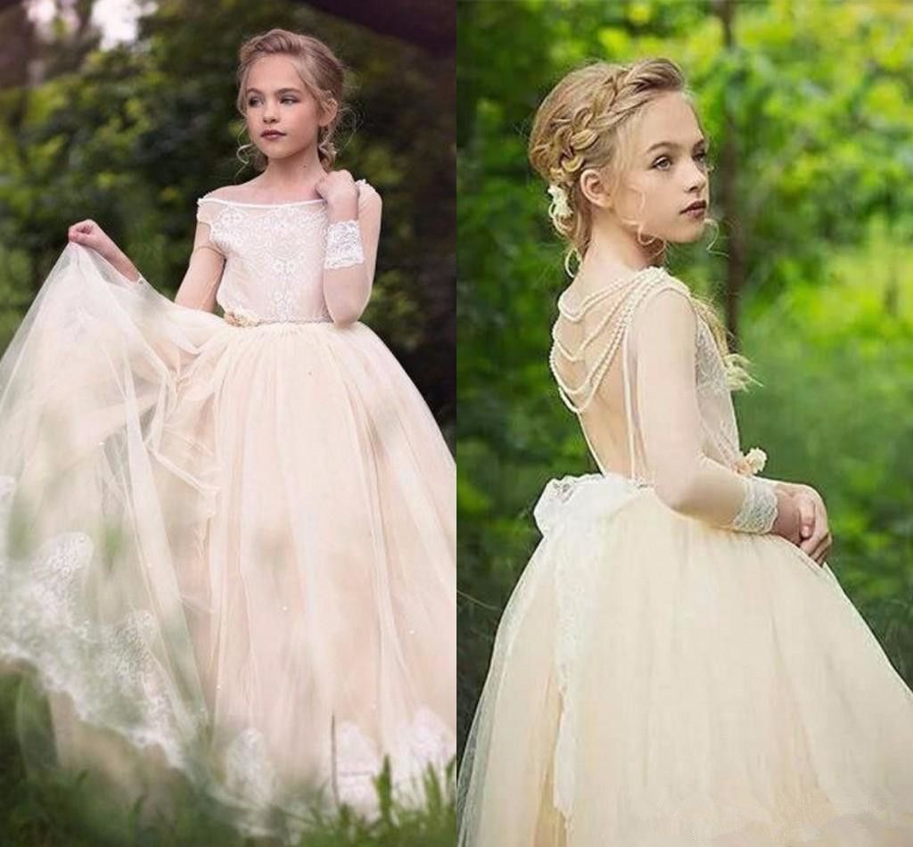Sheer Long Sleeves Country Wedding Flower Girls Dresses With Lace