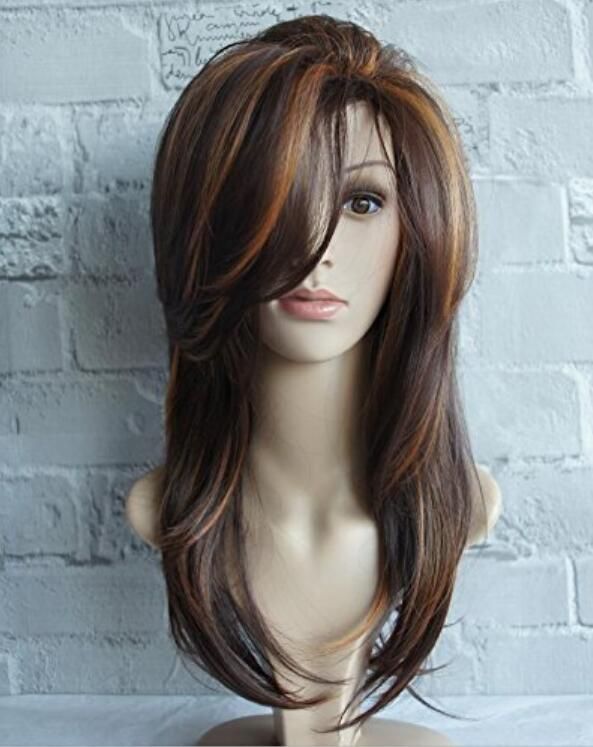 Newest wigs Europe and America ladies long curly side bangs brown highlights long hair micro-volume Newest wigs Europe and America ladies long curly side bangs brown highlights long hair micro-volume