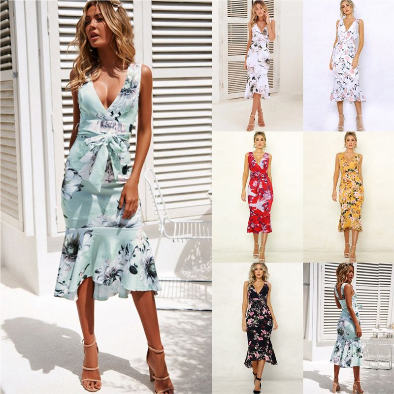 2020 Floral Printed Midi Dress Spaghetti Strap Spring Beach Break