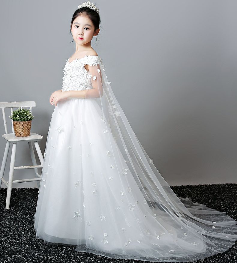 white pageant gown with train