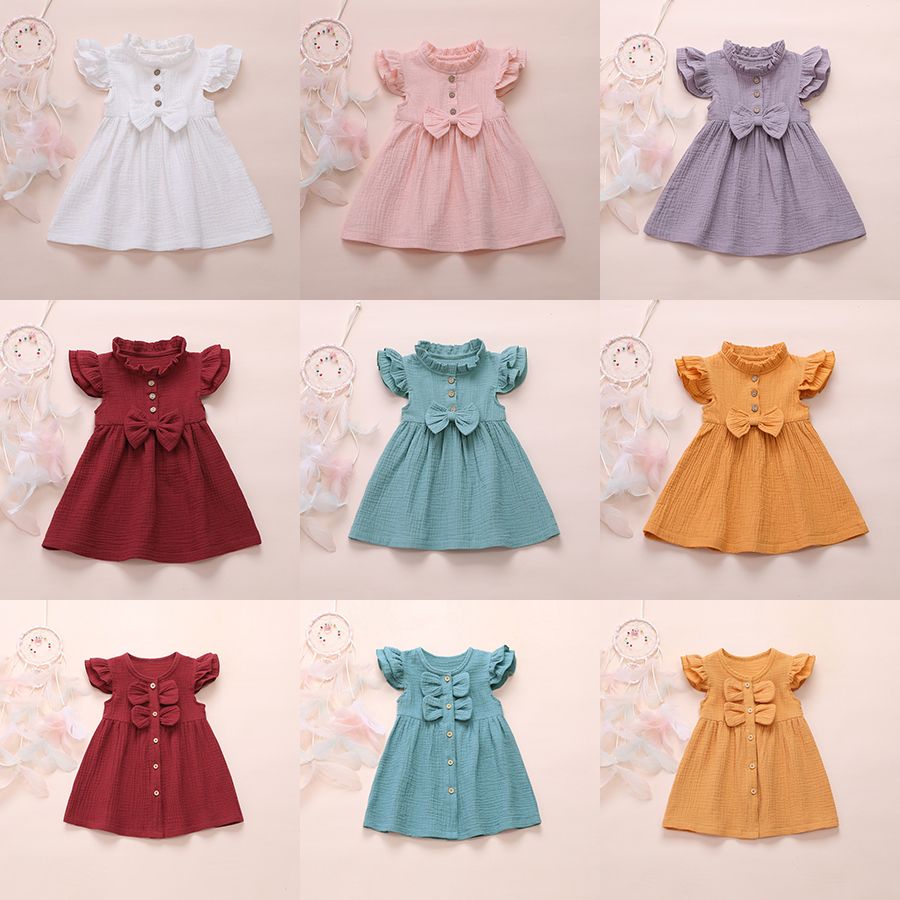 Fashion Cute Fly Sleeve Girls Bow Dress Children Party Sundress Summer Clothing