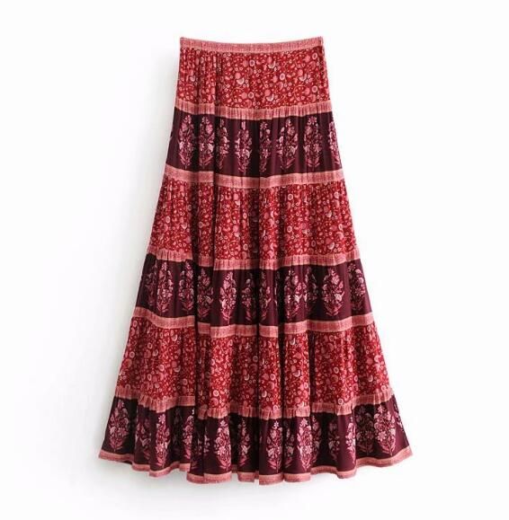 Venta por mayor-Contraste Color Floral Maxi Falda Red Ethnic New 2018 Mujeres