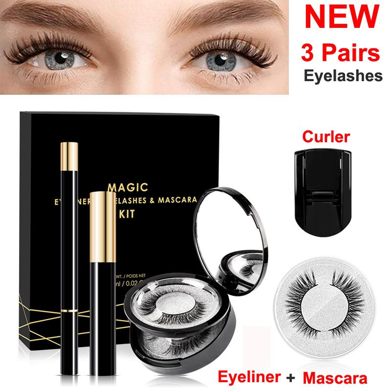 Magic False Eyelashes Liquid Eyeliner Mascara Kit With Curler No Glue