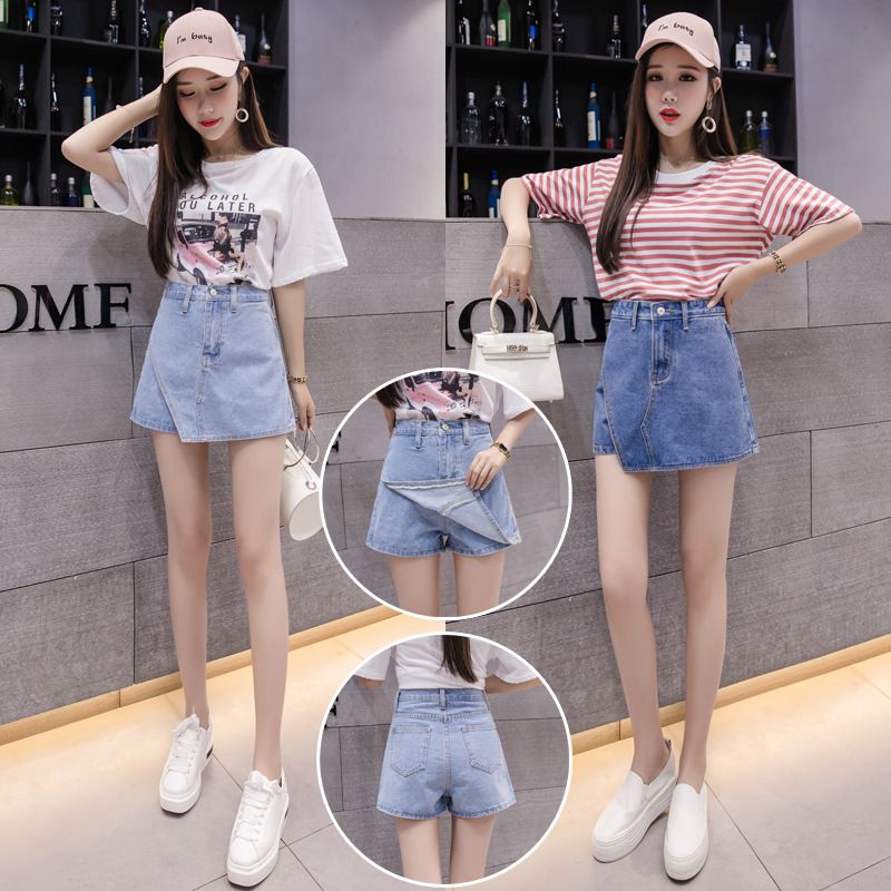 2019 verano nueva moda coreana falda vaquera pantalones de cintura alta versátil estudiante palabra falda