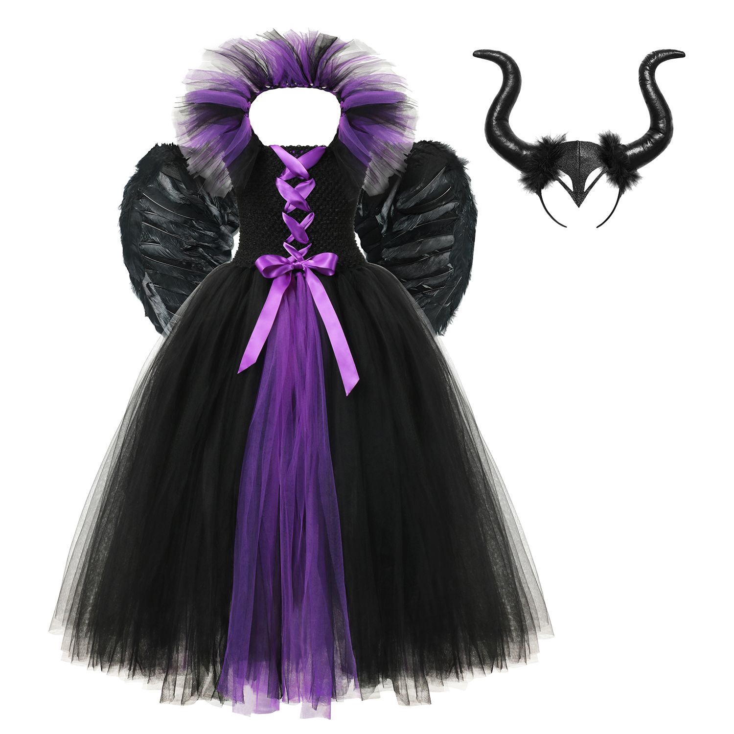 3 unids Sistema de ropa maleficiente para niñas tutu vestido de cabeza alas descendientes villano maleficiente 3 unids Sistema de ropa maleficiente para niñas tutu vestido de cabeza alas descendientes villano maleficiente