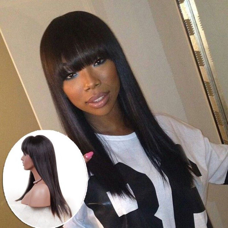 Straight Human Hair Wigs With Bangs Virgin Full Lace Wig Peruvian Hair With  Full Bangs Human Hair Glueless Lacefront Wig For Black Women