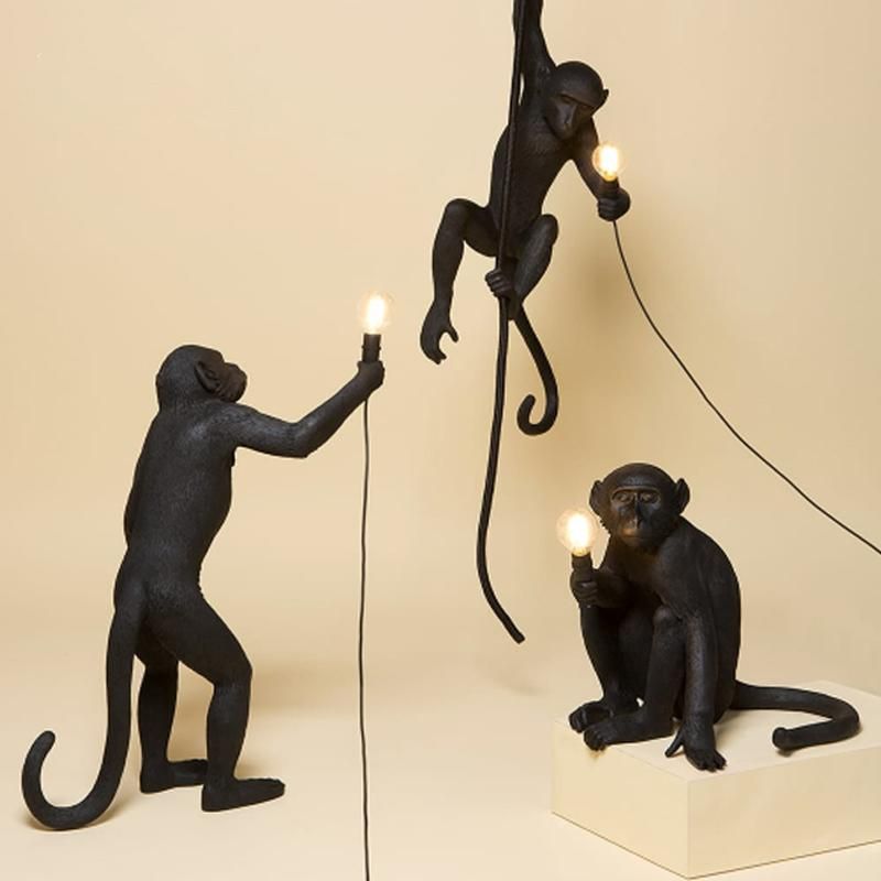 Modern Resin Monkey Pendant Lamp Loft Style Hemp Rope White Black