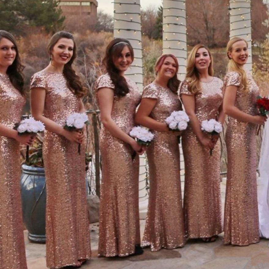 extraño Rebaño País Rose Gold Champagne Sequins Dama De Honor Vestidos De Dama De Honor 2019  Mangas Cortas Bling Vestido De Fiesta Duración Del Piso De 70,14 € | DHgate