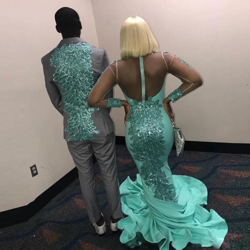 Mint Green 19 Mermaid Prom Dresses High Collar Long Sleeve Lace Appliques Sequined Runway Evening Gown Illusion Back Satin Africa Dress From Lindaxu90 118 06 Dhgate Com
