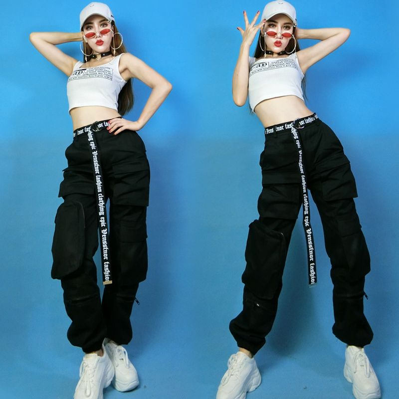 Stage Wear Hip Hop Costume Women Black Pocket Tooling Pants Street ...