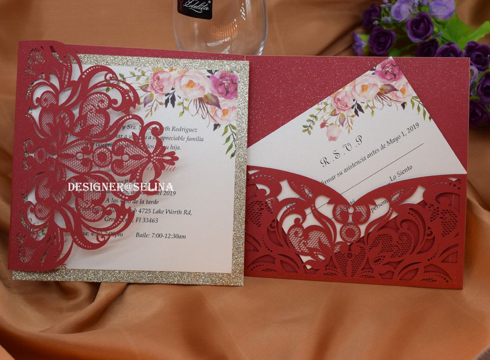 Red Floral Laser Cut Glitter Bottom Ivory Insert Wedding Invitation Cards Flower Printing Quinceanera Invites With Rsvp Card Print Invitations Sample Wedding Invitation From Jacket2016 1 11 Dhgate Com