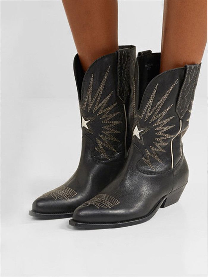 Las más nuevas botas vaqueras para mujer, botas de cuero bordadas con estrella de botas