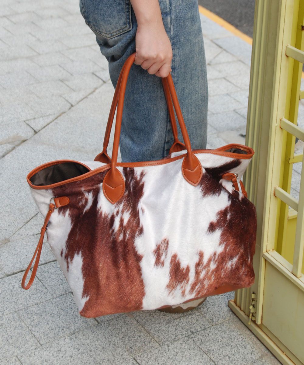 Suede Cow Printed Bag Large Capacity Duffle Bag Weekender Purse Cow