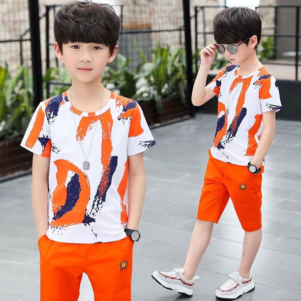 Summer T-Shirt Cartoon Pinted  Solid Short Pants Cotton Blend Children Boy Suits