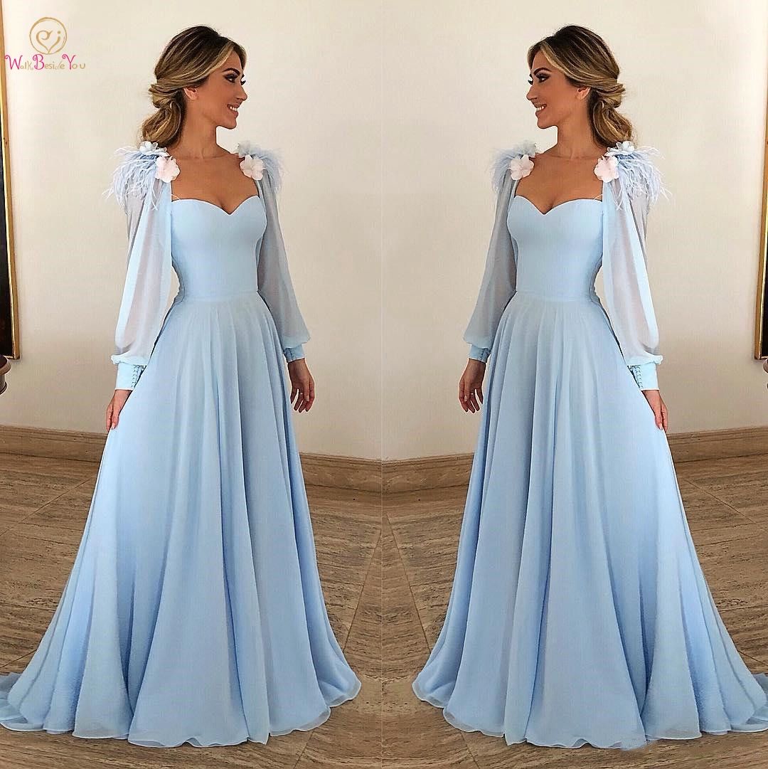 Großhandel Spaziergang Neben Dir Sky Blue Abendkleider Chiffon Mit Jacke Lange Ärmel Mit Federblume A Linie Abendkleid Abendkleid Von Bridalworld, Großhandel Spaziergang Neben Dir Sky Blue Abendkleider Chiffon Mit Jacke Lange Ärmel Mit Federblume A Linie Abendkleid Abendkleid Von Bridalworld,